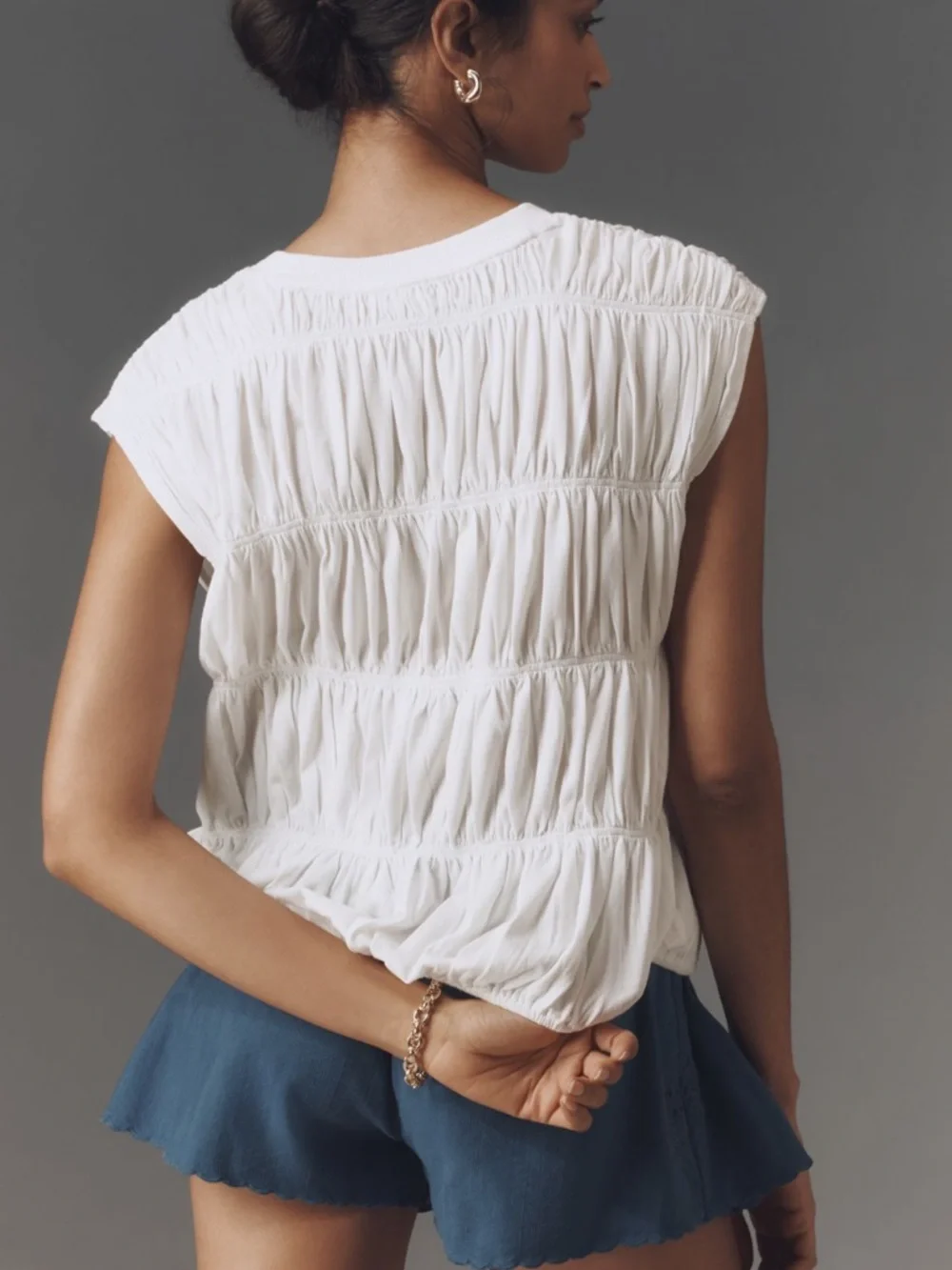 Nwt Maeve White Ruched Cap-Sleeve Top - Picture 2 of 4